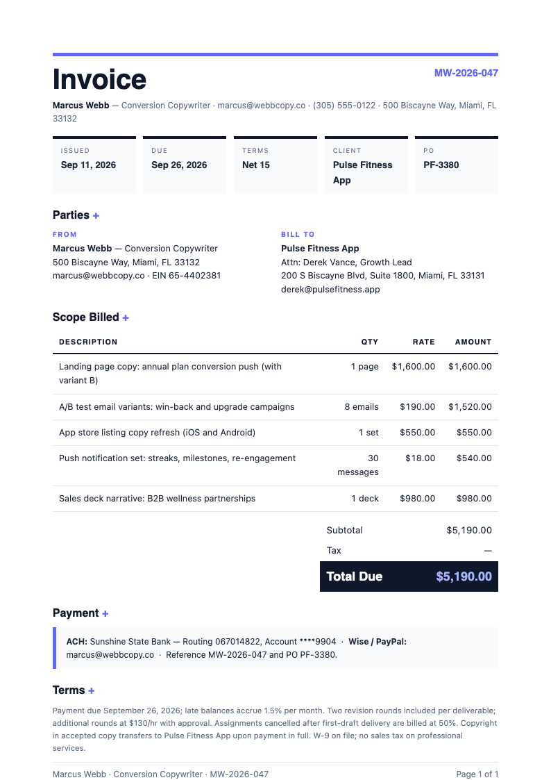 Bold contemporary freelance writer invoice